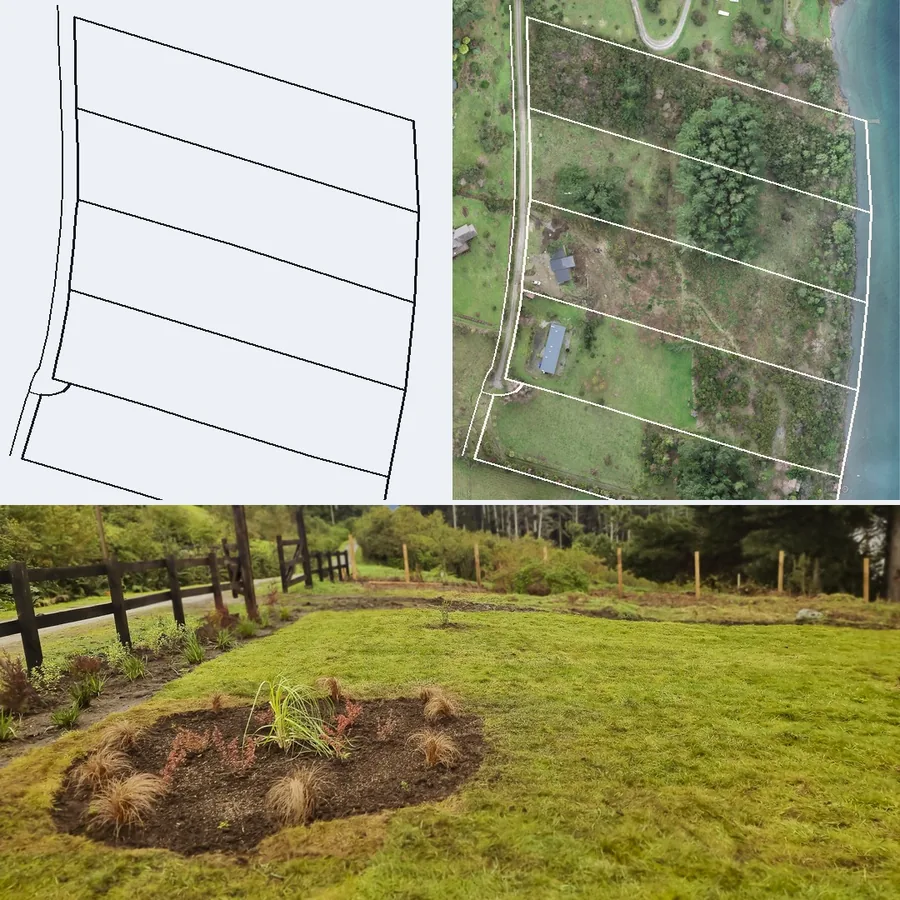 Tres imágenes: el trazado de cinco lotes en línea fina sobre fondo claro; la ortofoto de esa ladera con el mismo trazado superpuesto; y el jardín terminado, un macizo redondo sobre césped con cerco de madera y bosque detrás.